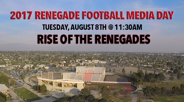 Football stadium aerial shot with text reading twenty seventee Renegade Football Media Day. Tuesday August 8th at eleven thirty a m. RISE OF THE RENEGADES.